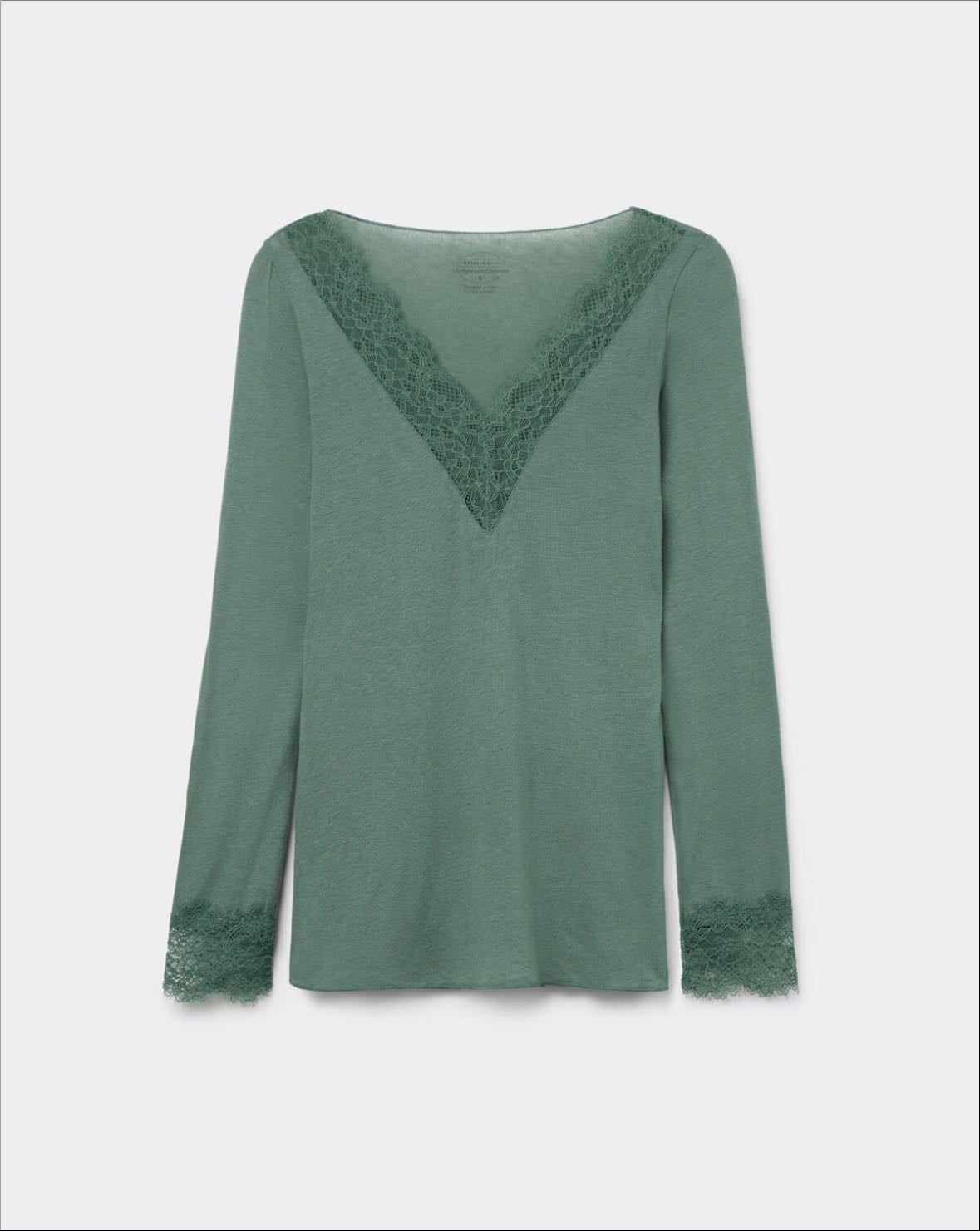 Ultralight Cashmere Lace Long Sleeve Shirt - Forest Green - Intimissimi