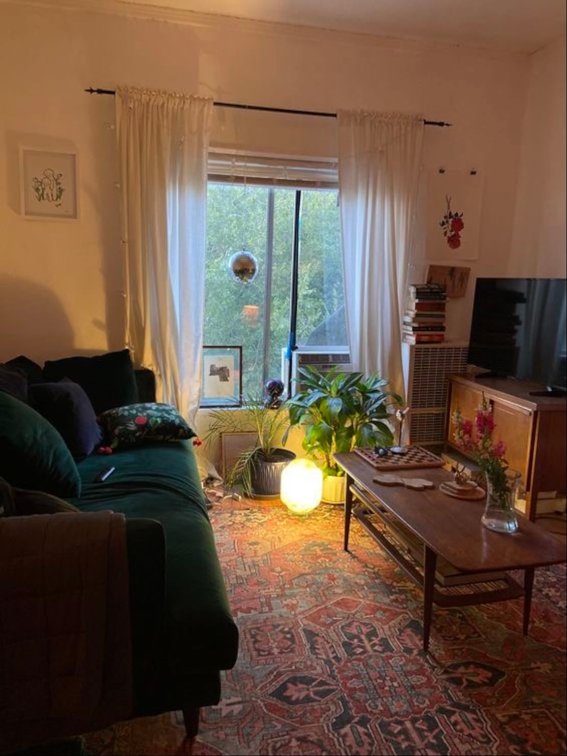 living area - 100% a green couch, warm lamps, lace curtains and random art hanged up
