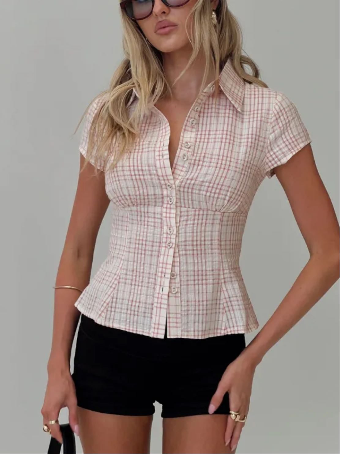 COTTESLOE BLOUSE TOP PINK CHECK - Princess Polly - Pink Check
$49