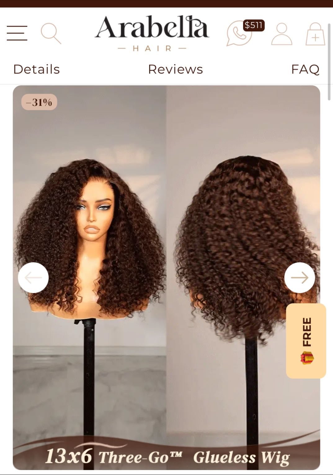Arabella 13x6 Three-Go™ Chocolate Brown Glueless Wig Water Wave With Drawstring 100% Human Hair Wig