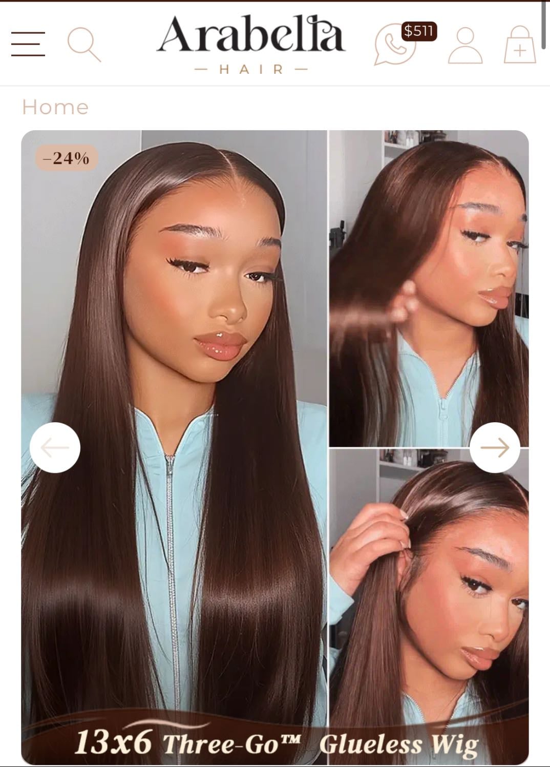 Arabella 13x6 Three-Go™ Chocolate Brown Glueless Wig Silky Straight With Drawstring 100% Human Hair Wig