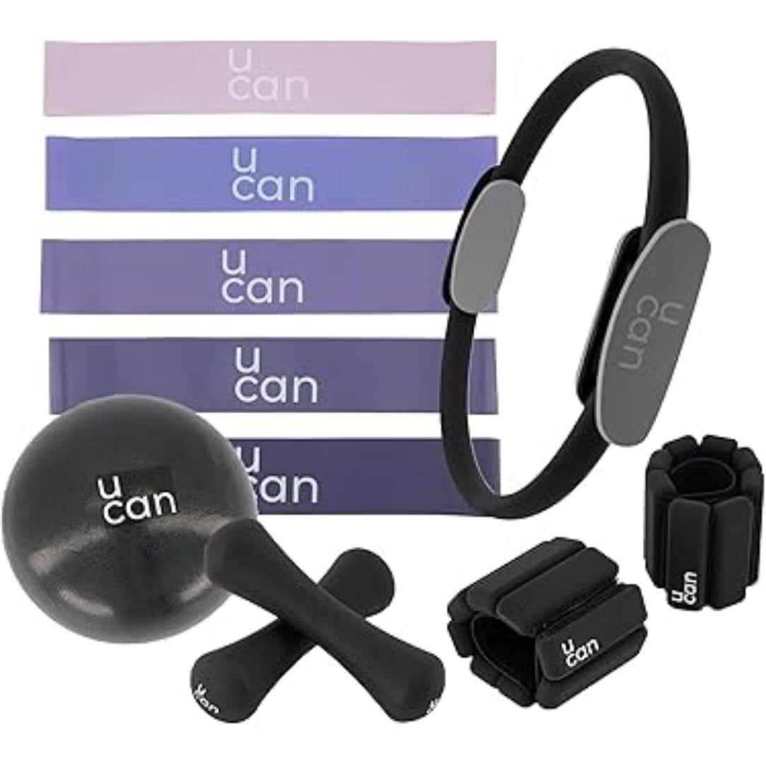 U can Kit de Pilates para Casa con Aro, Pelota 25 cm, Mancuernas 1 kg, Polainas 0.5 kg y Bandas de Resistencia, 5 Niveles - Pilates girly