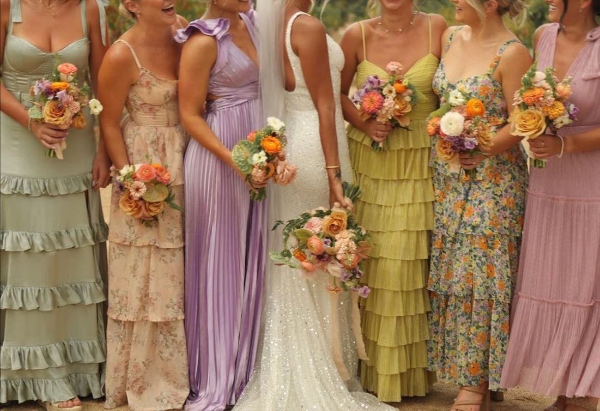 colourful bridesmaids dresses - different colours for each
