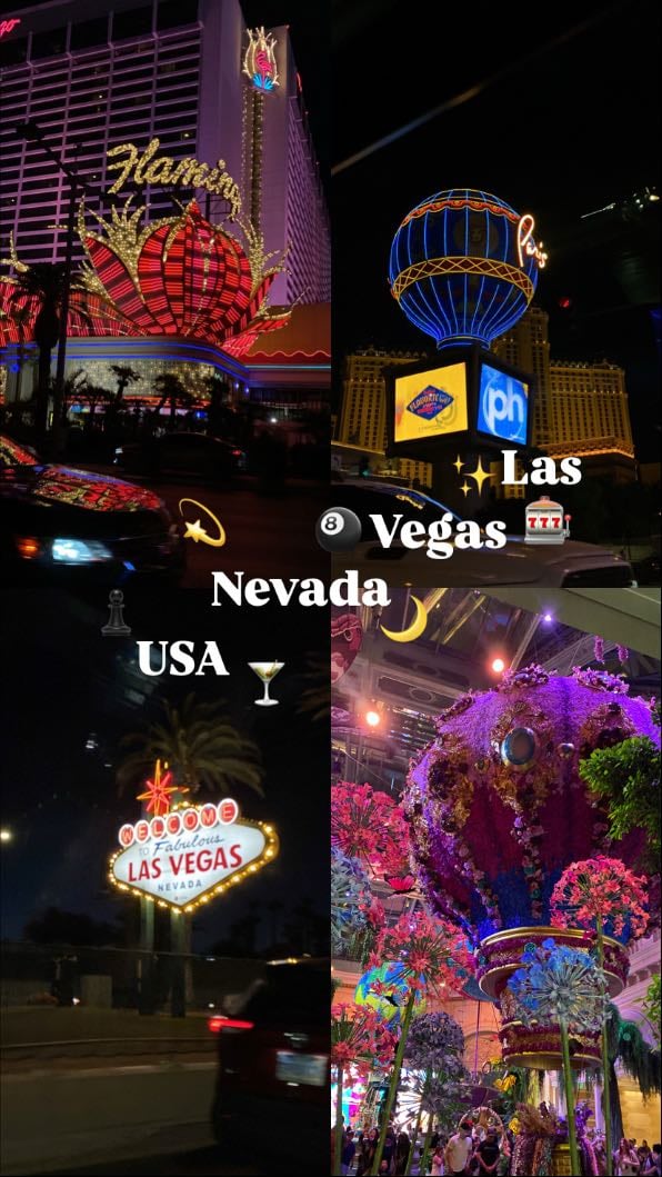 Las Vegas, Nevada🎰✨🎱 - Las Vegas es una ciudad en el estado de Nevada, famosa por sus enormes casinos, hoteles temáticos y vida nocturna. Es conocida como la “Capital del Entretenimiento del Mundo” y recibe millones de turistas cada año. Además de la ciudad, cerca hay parques naturales como Red Rock Canyon y la presa Hoover. Tiene un clima desértico, con veranos muy calurosos e inviernos suaves.