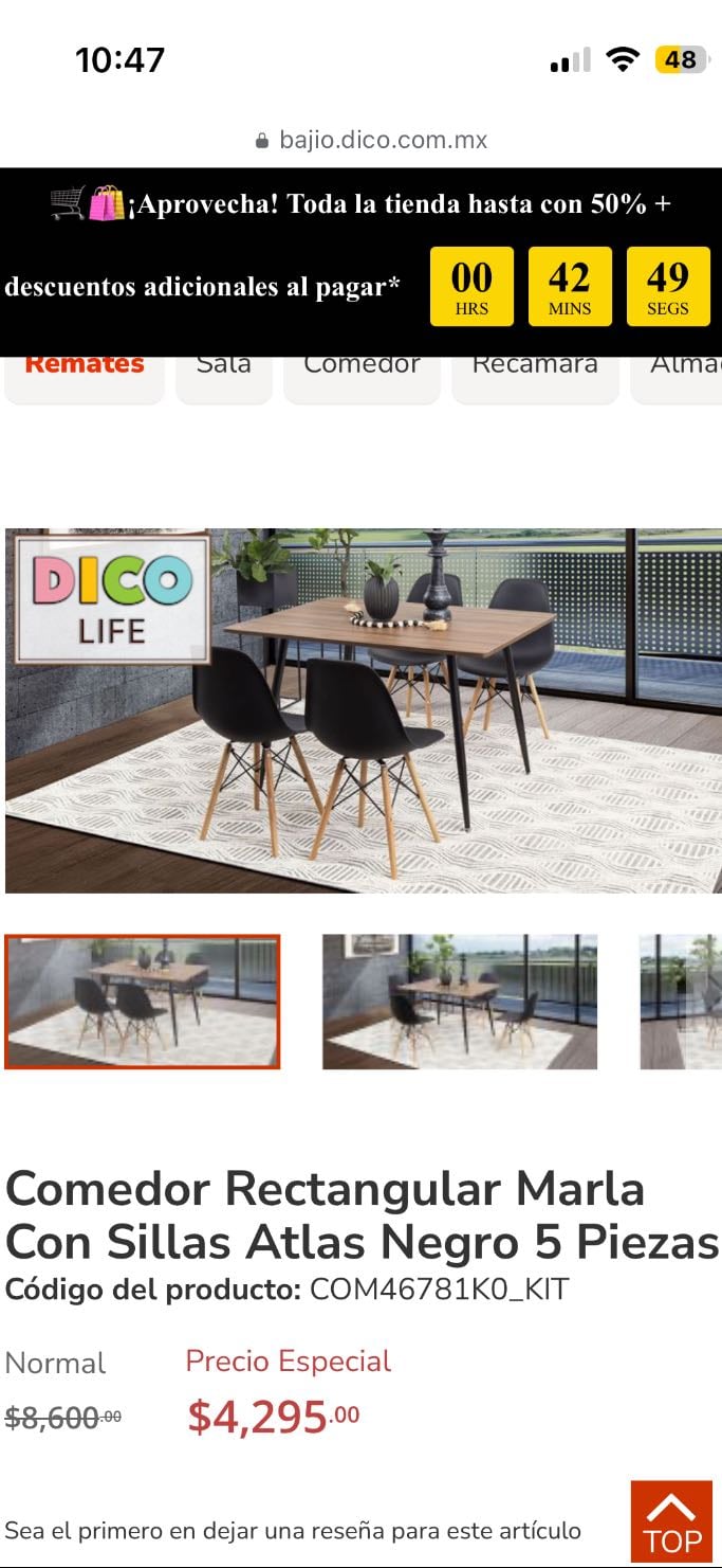 Mesa rectangular de 4 sillas Muebles Dico
