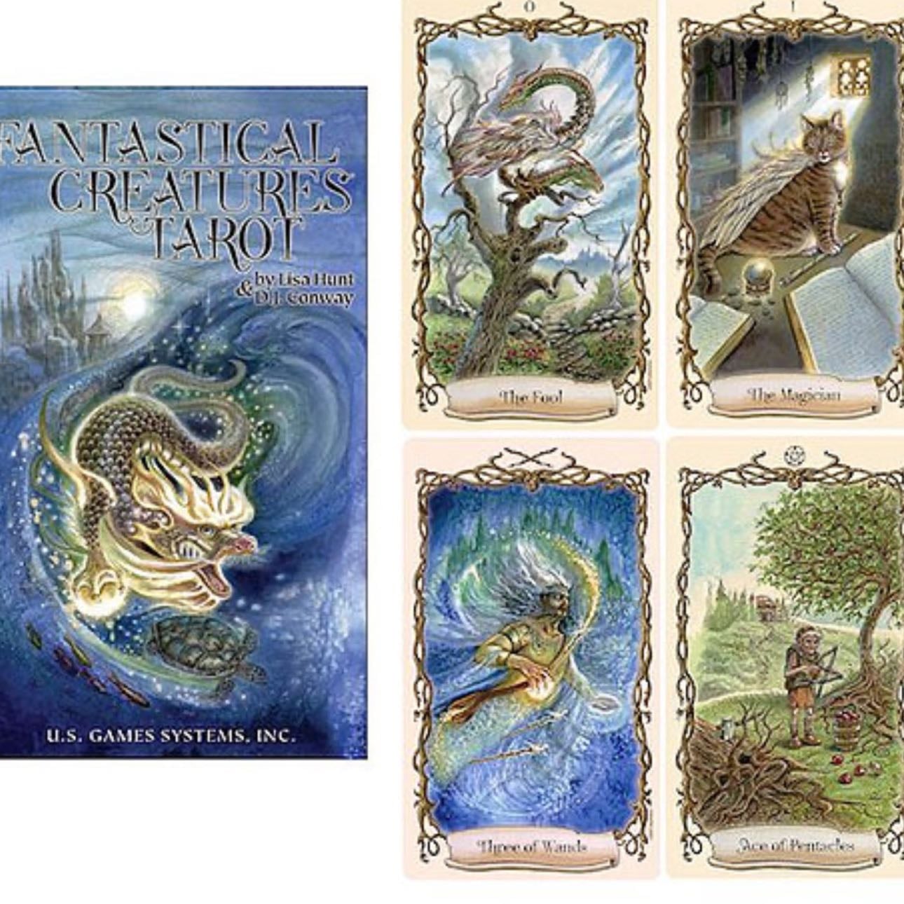 Fantastical Creatures Tarot - Ilustrações belíssimas de criaturas mitológicas, como dragões, sereias e unicórnios | Beautiful illustrations of mythical creatures, such as dragons, mermaids, and unicorns.