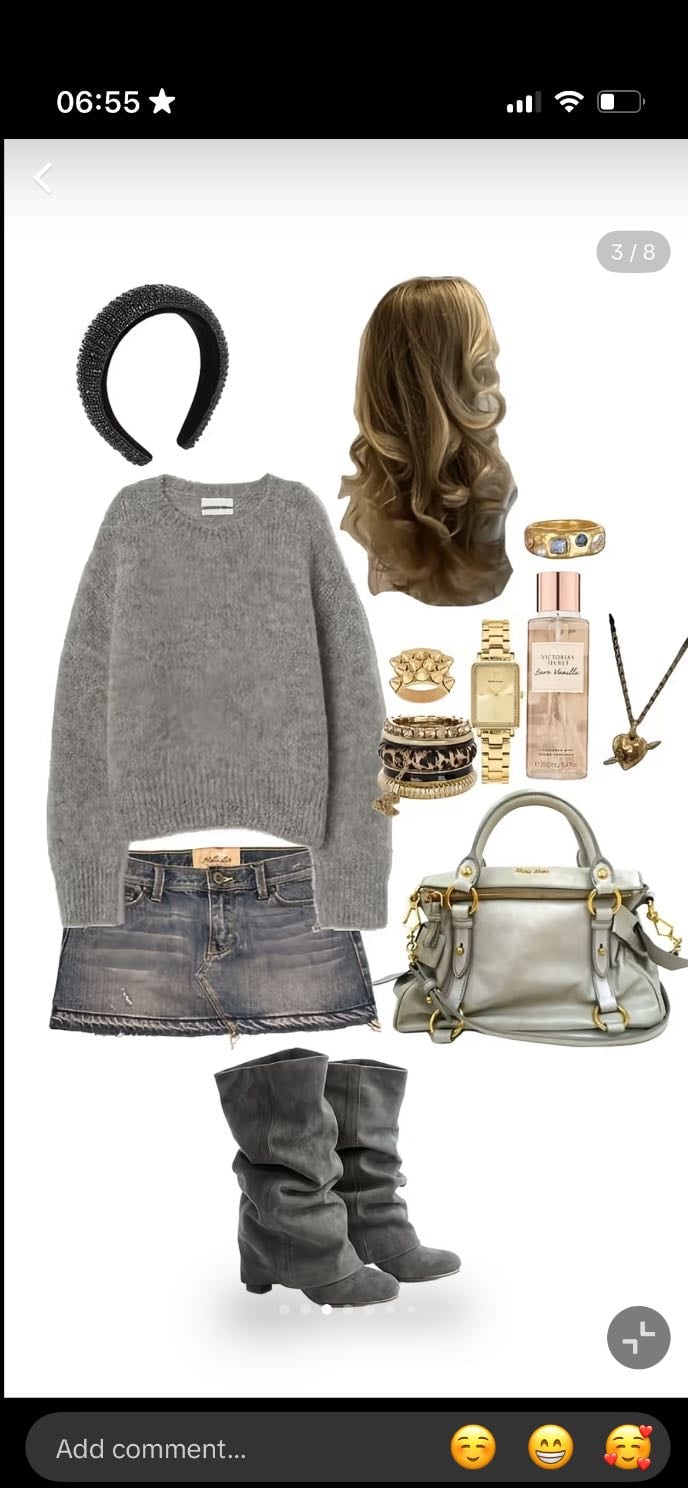 ₊˚⊹౨ৎ ₊˚⊹ - grey sweater with this color denim skirt