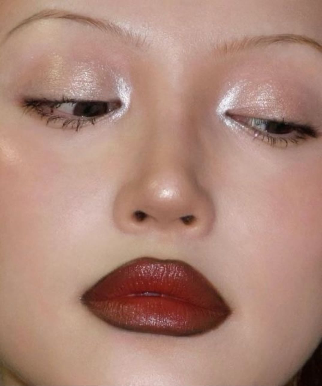 dark red lips with glitter eyeshadow