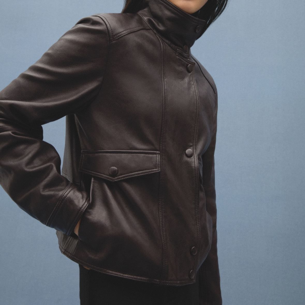 Funnell Neck Leather Jacket - Mango