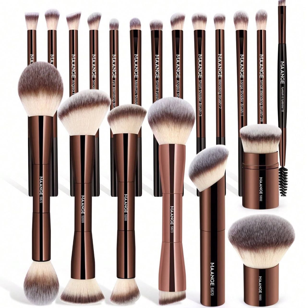 MAANGE Juego de 20 brochas de maquillaje profesionales suaves de tubo de aluminio con bolsa de terciopelo, brocha de base suave, brocha de sombra de ojos, brocha de cejas, brocha difuminadora, brocha resaltadora, brochas de maquillaje para polvo, líquido, crema, para uso diario y viajes, accesorios de maquillaje, regalos para amigos - SHEIN