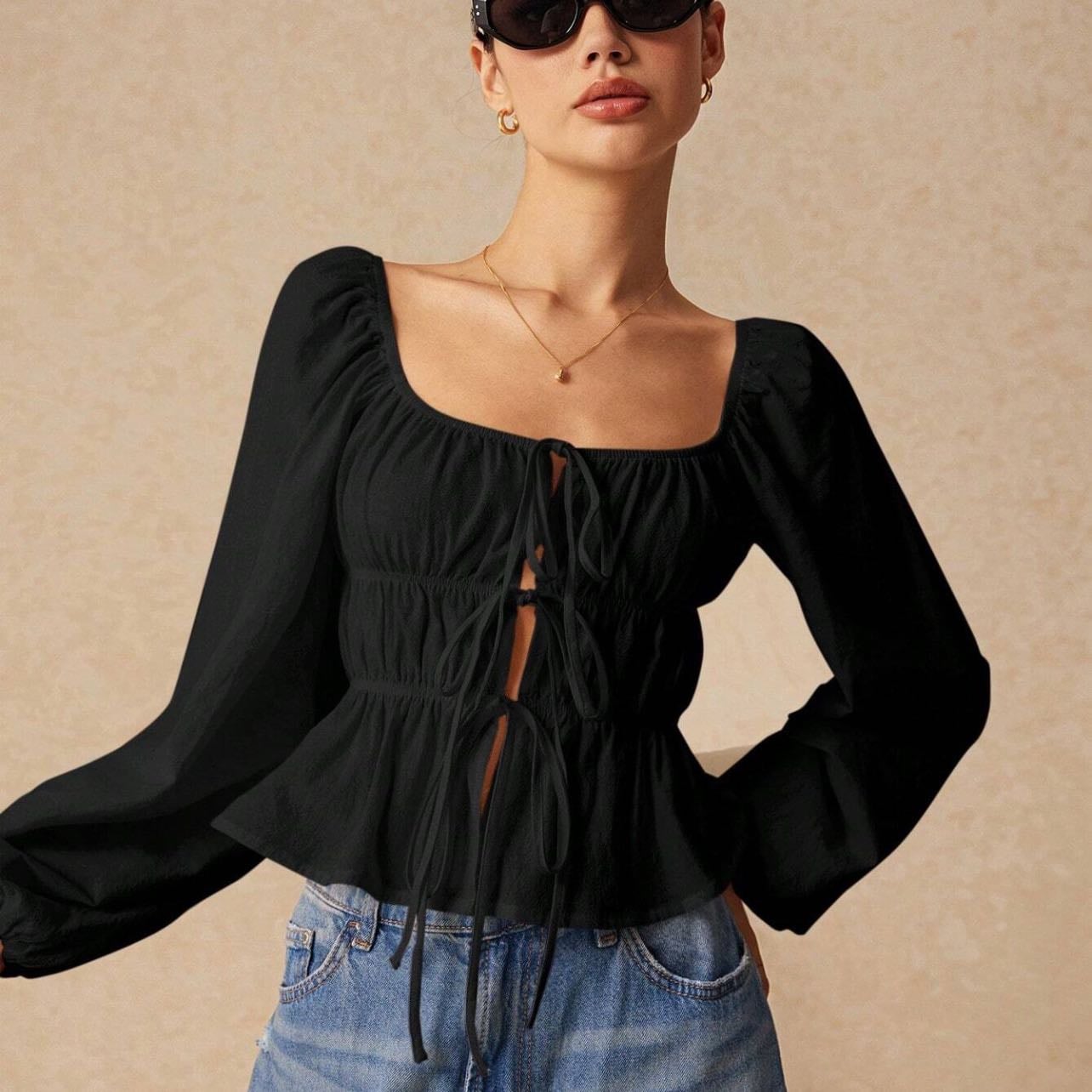 Poéselle Camisa de algodón 100% de unicolor con diseño de cordón plisado, camisa de otoño para mujer, camisa de manga larga, Frenchies - SHEIN