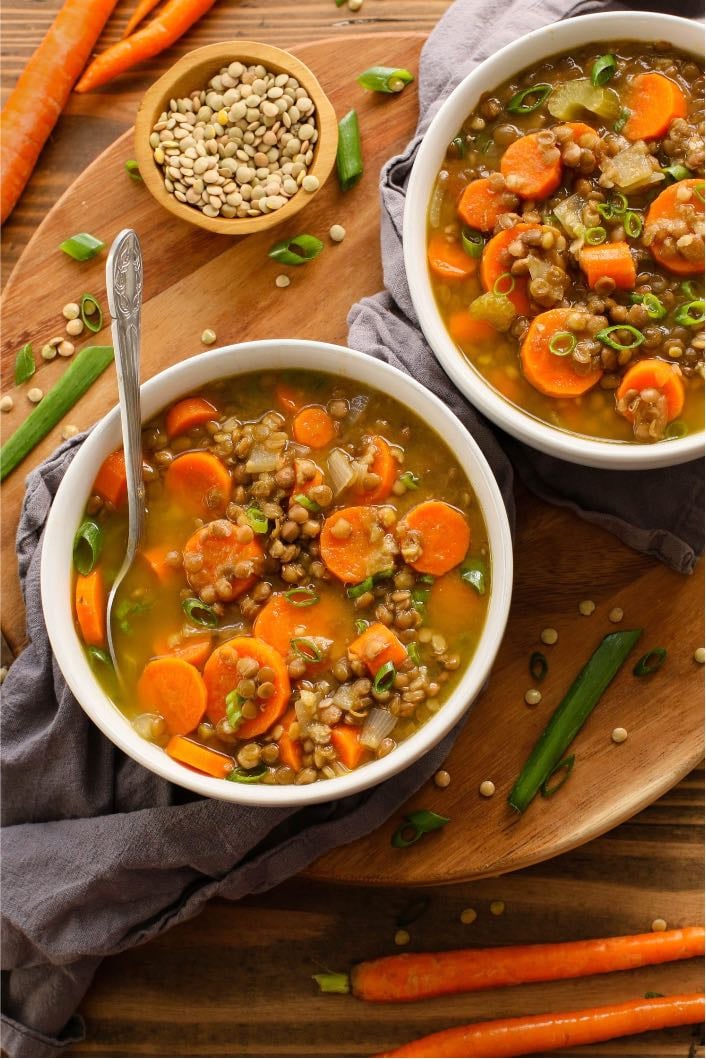 lentil soup with carrot, celery and tomato - 70g red lentil, 1 carrot, 1 piece of celery (30-40g), 1/2 onion, 1 tsp tomato paste, 400ml vegetable broth, 1 tsp oil, paprika powder, cumin, salt, pepper
