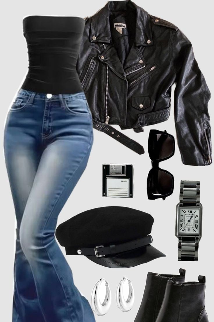 #13 - top tomara que caia preto + jaqueta de couro + calça jeans de cintura alta ou baixa