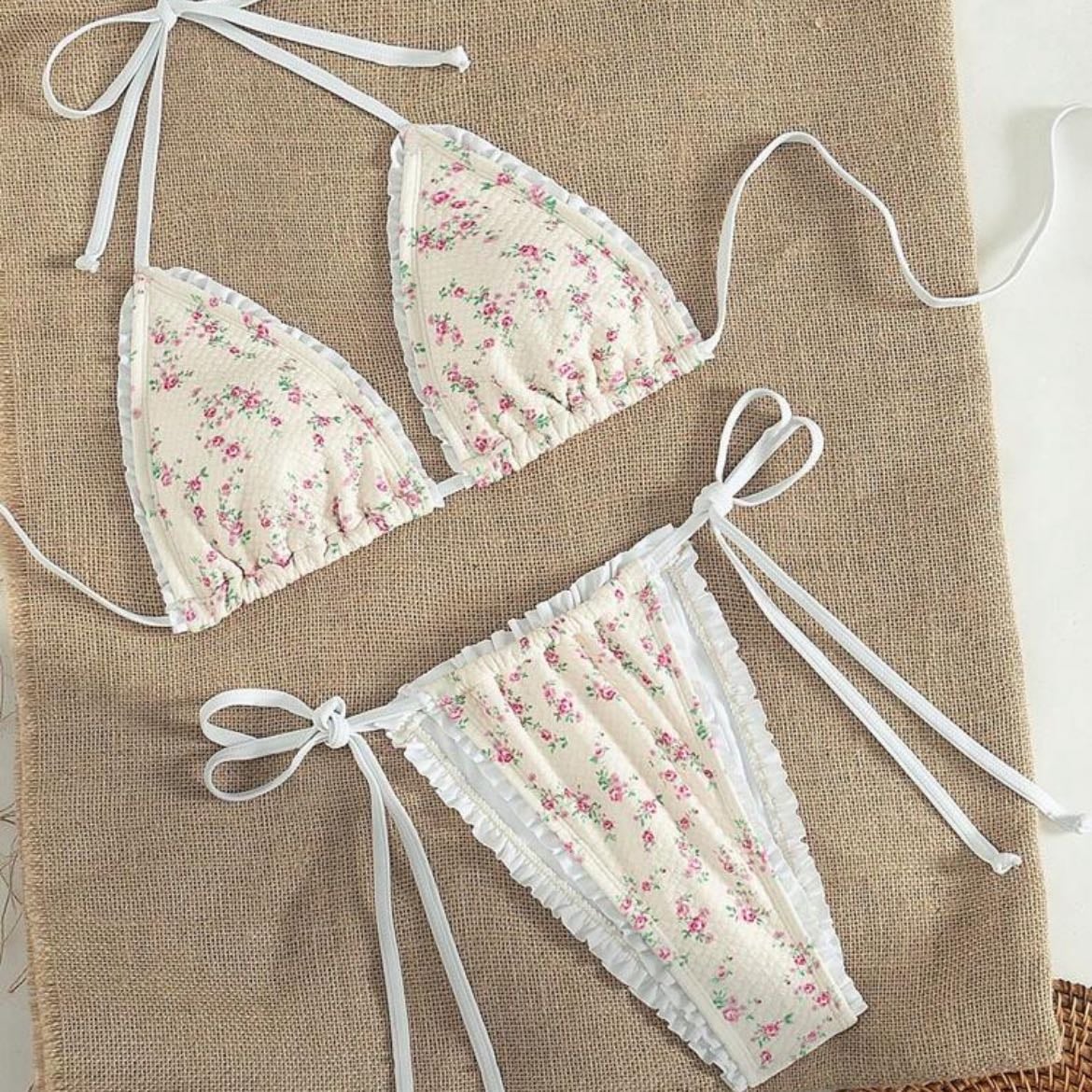 Beige Pink Floral Bikini