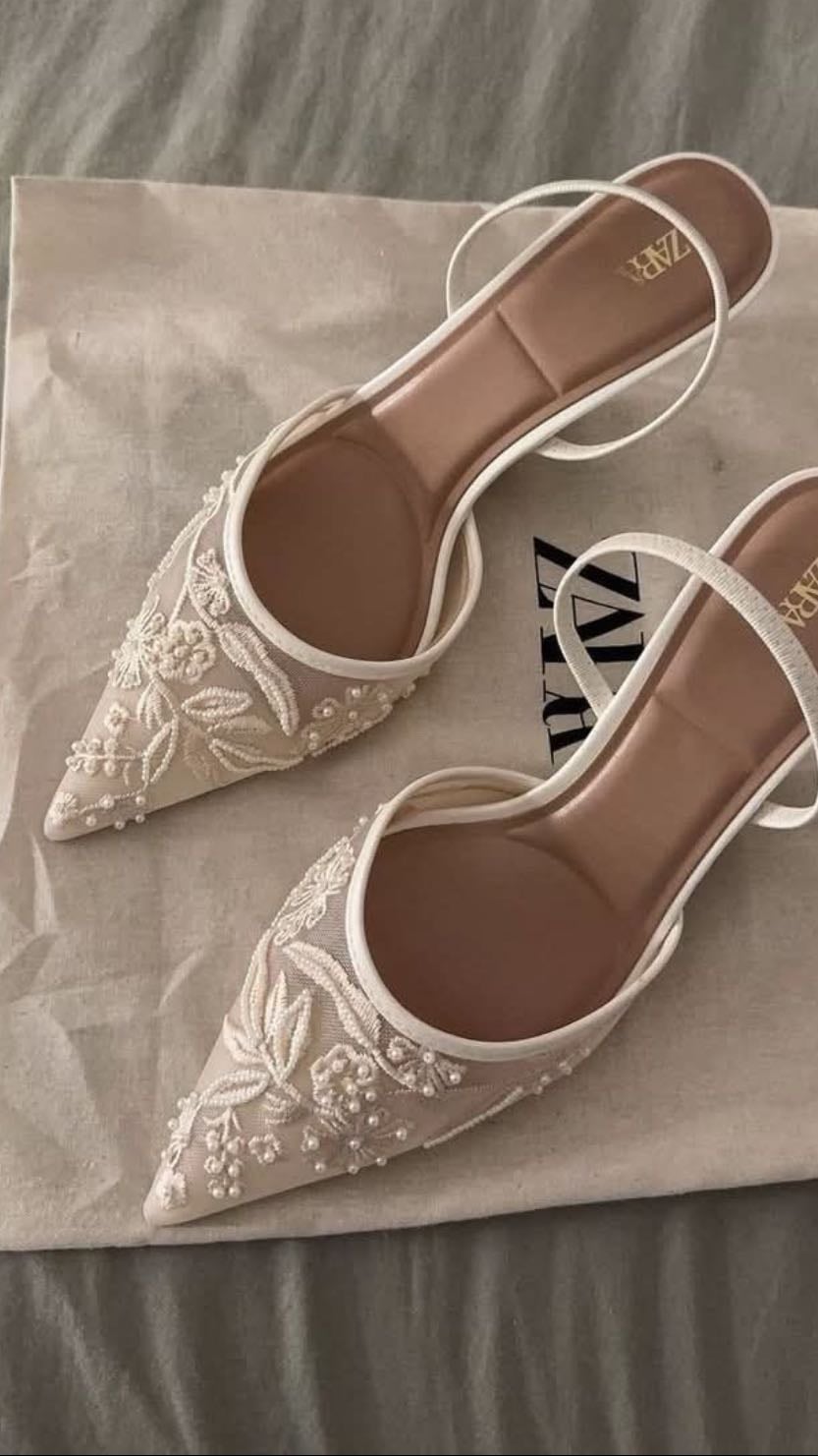 ZARA EMBROIDERED MESH SLINGBACKS - White