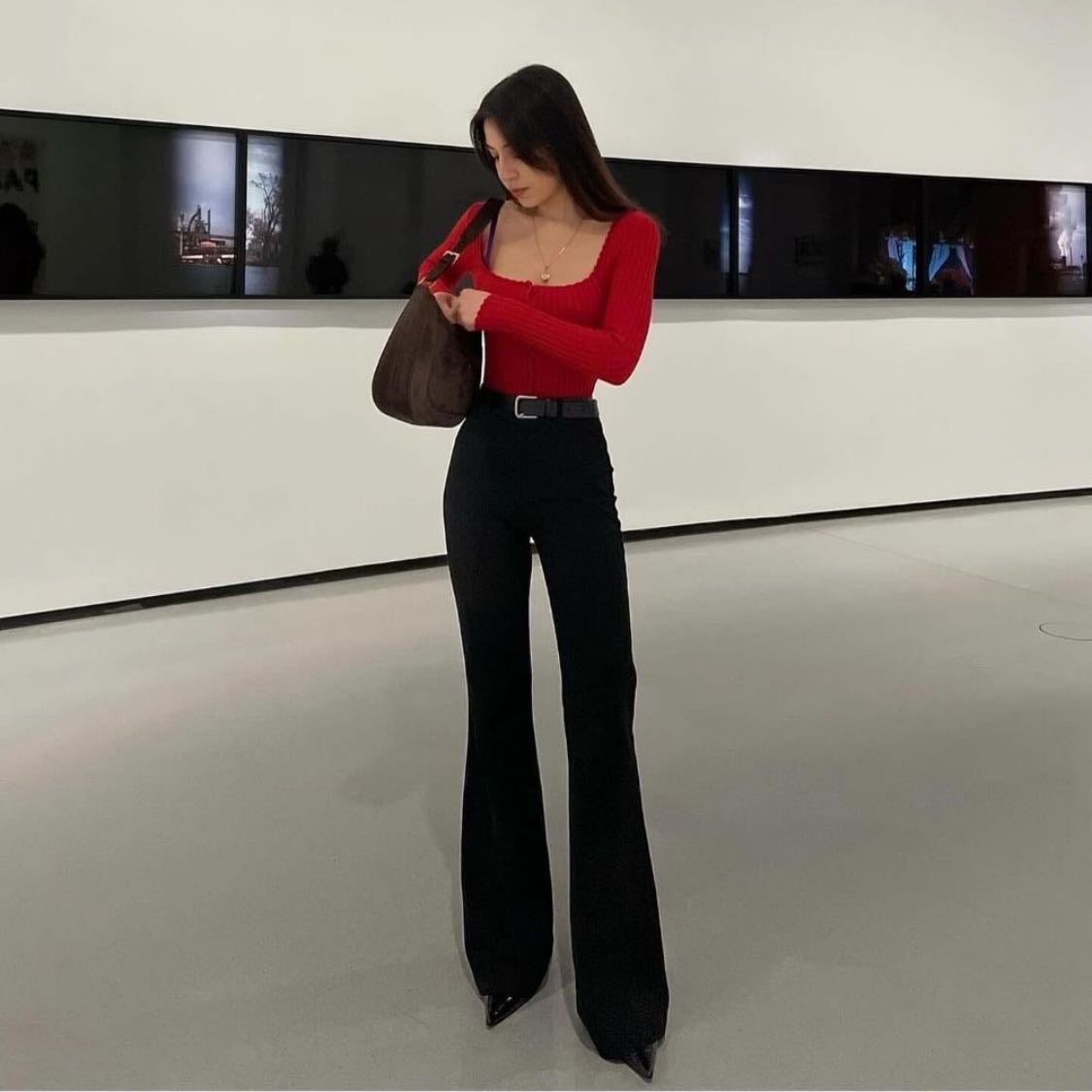 pop of color - black jeans+ black boots+ shirt of a dif color+ bag