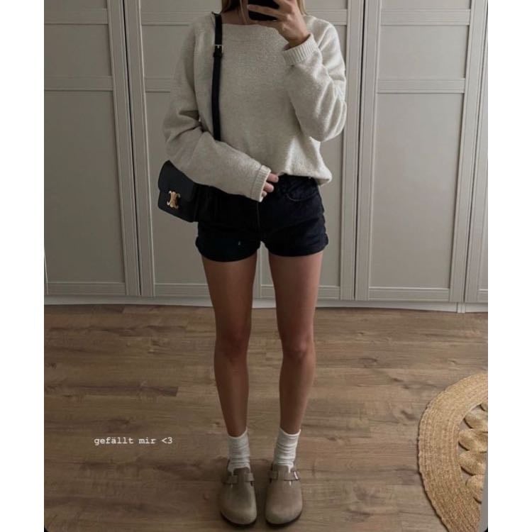 #3 - -sweater, black shorts, clogs