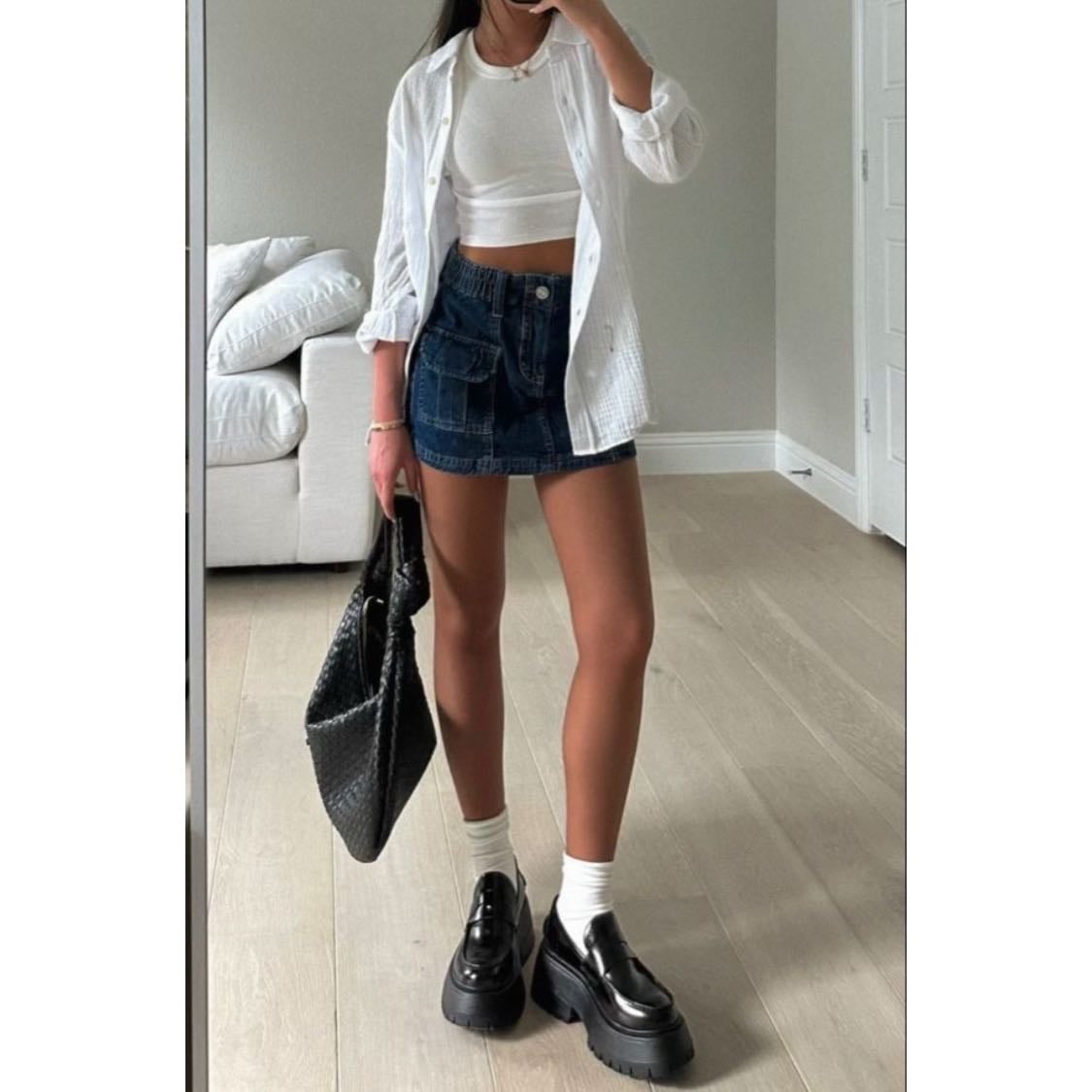 #2 - -white tank top, white shirt, denim skirt, loafers