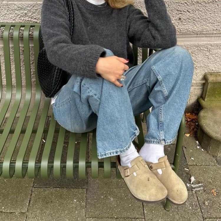 #7 - -white top, grey sweater, jeans, clogs
