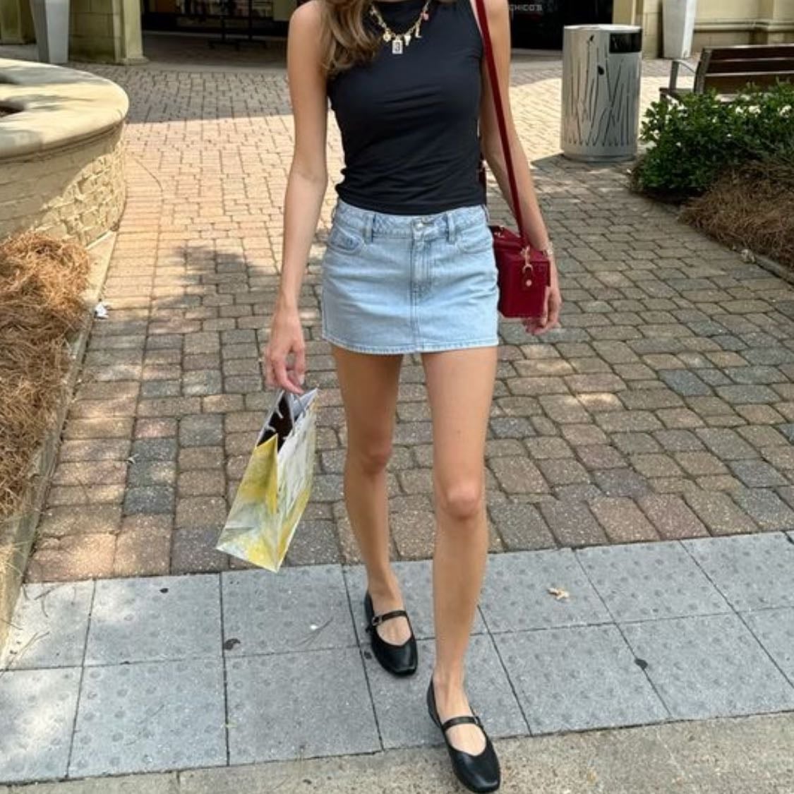 #9 - -black tank top, denim skirt, ballerina flats