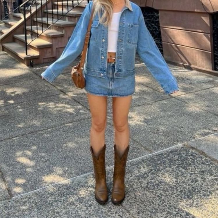 #5 - -white top, denim jacket, denim skirt, cowboy boots