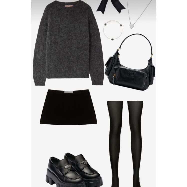 #20 - -grey sweater, black skirt, black tights, loafers