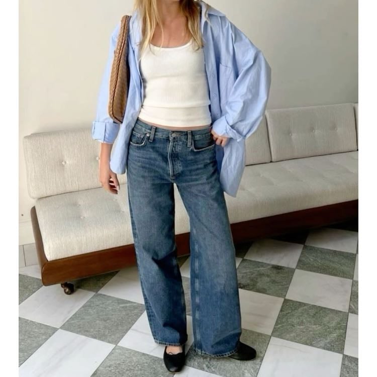 #5 - -white tank top, blue shirt, jeans, ballerina flats