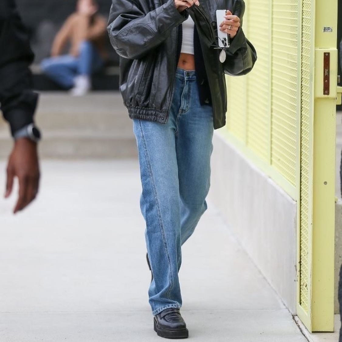 #9 - -white top, leather jacket, jeans, loafers