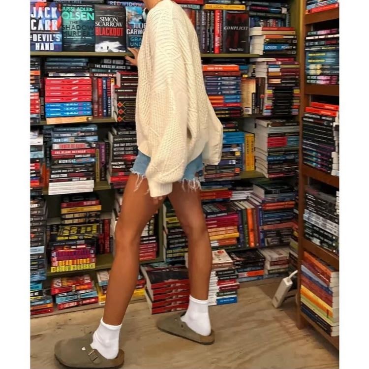 #5 - -light sweater, denim shorts, clogs