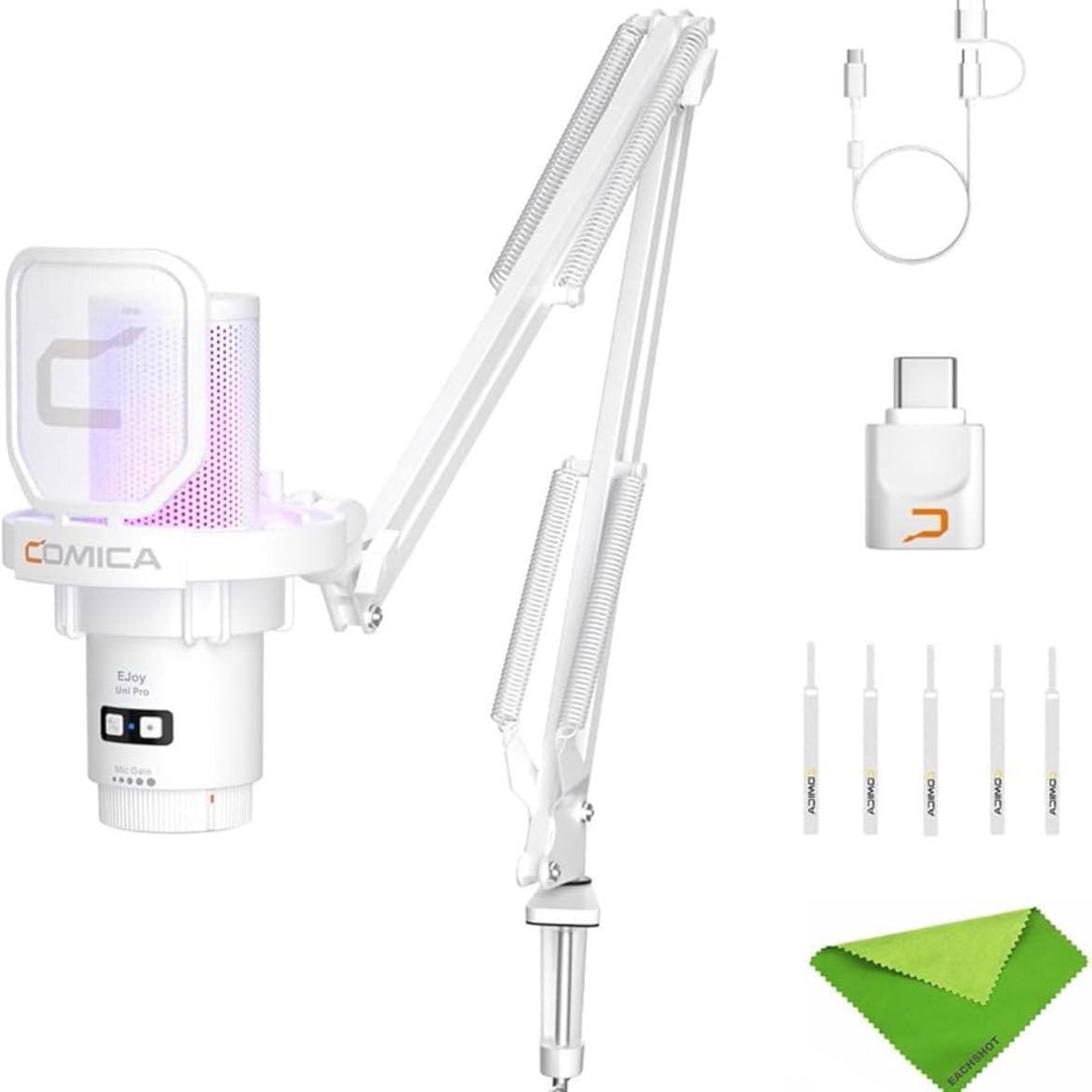 ᓭི༏ᓯྀ microphone !! - COMICA EJoy Uni Pro (A)-Wireless White Microphone for Computer and Smartphone,48Khz/24Bit RGB Cardioid Condenser Gaming Mic for Podcasting,Streaming,Recording,Music Creation,with Boom Arm Stand