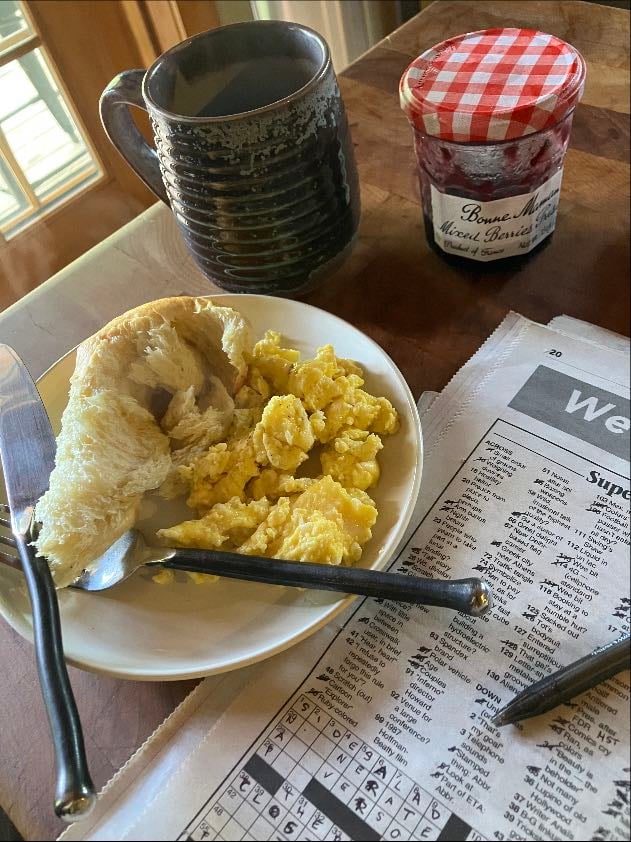 challah & jam, scrambled eggs