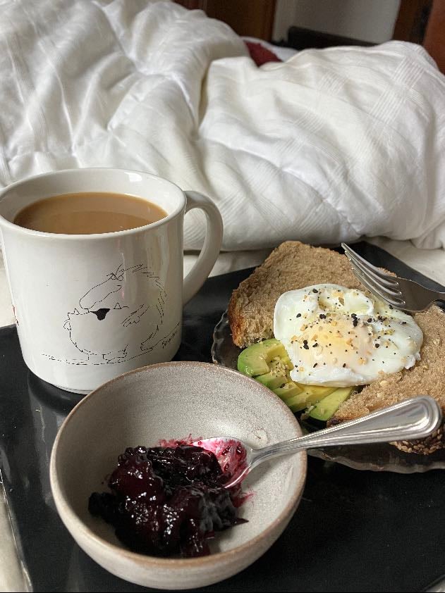 poached egg, avocado, toast & jam