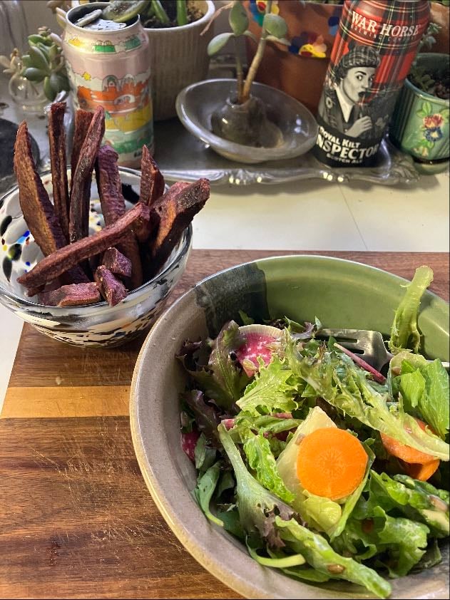 salad & sweet potato fries - greens, carrots, watermelon radish, lemon tahini or miso ginger dressing