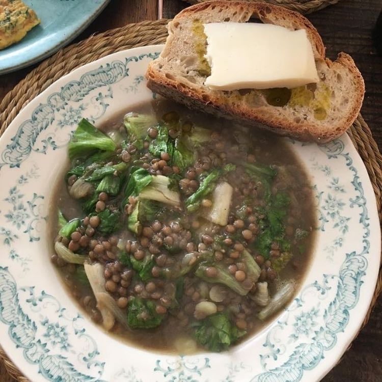 lentil soup - finished with greens, served with sourdough