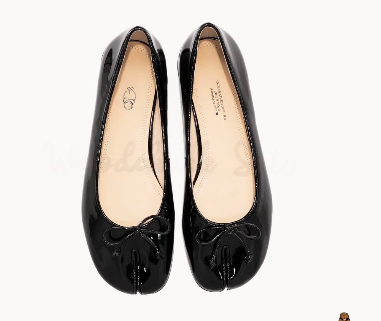 Black Patent Cow Leather Tabi Flats with Bow - woodchuck sato