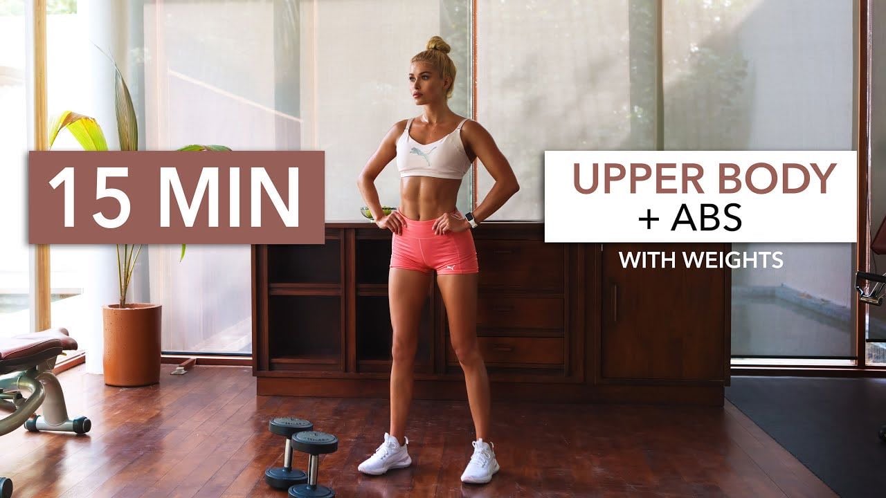 15 MIN UPPER BODY + ABS - Gym Style, Circuit Training with breaks, weights / alternative: bottles - YouTube