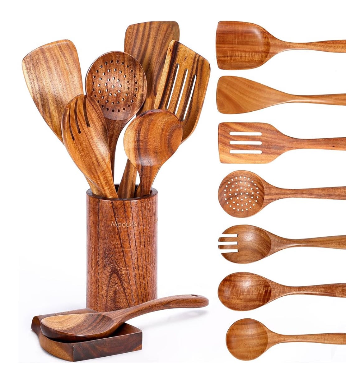 9 Piece Natural Teak Wooden Kitchen Utensil Set with Spoon Rest