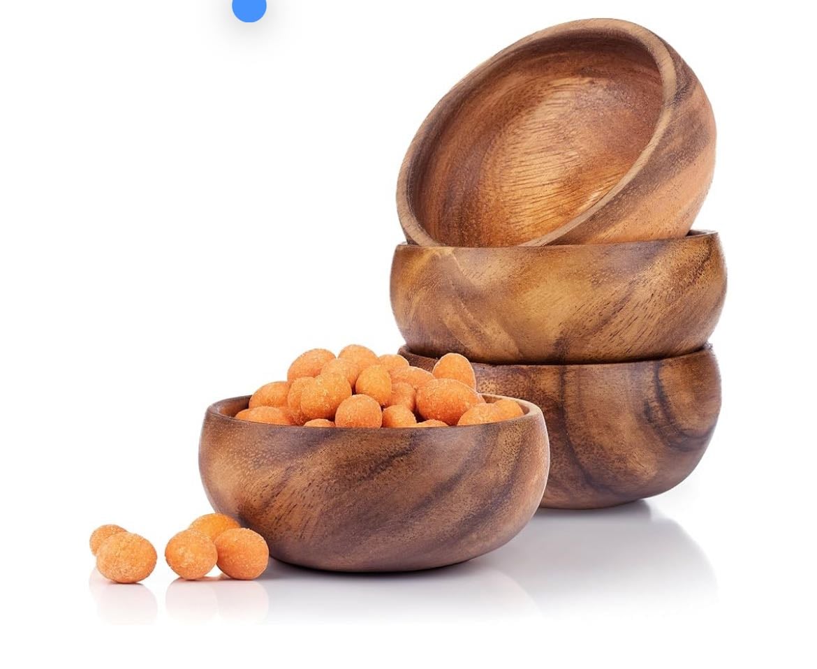 Set of 4 Round Acacia Calabash Bowls - 4 Inch Handmade Wooden Bowl Set