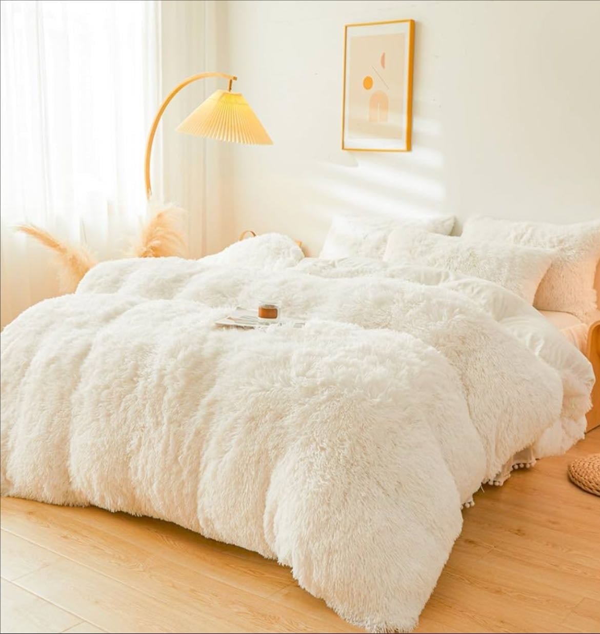 Fluffy Beige Faux Fur Comforter Cover Set