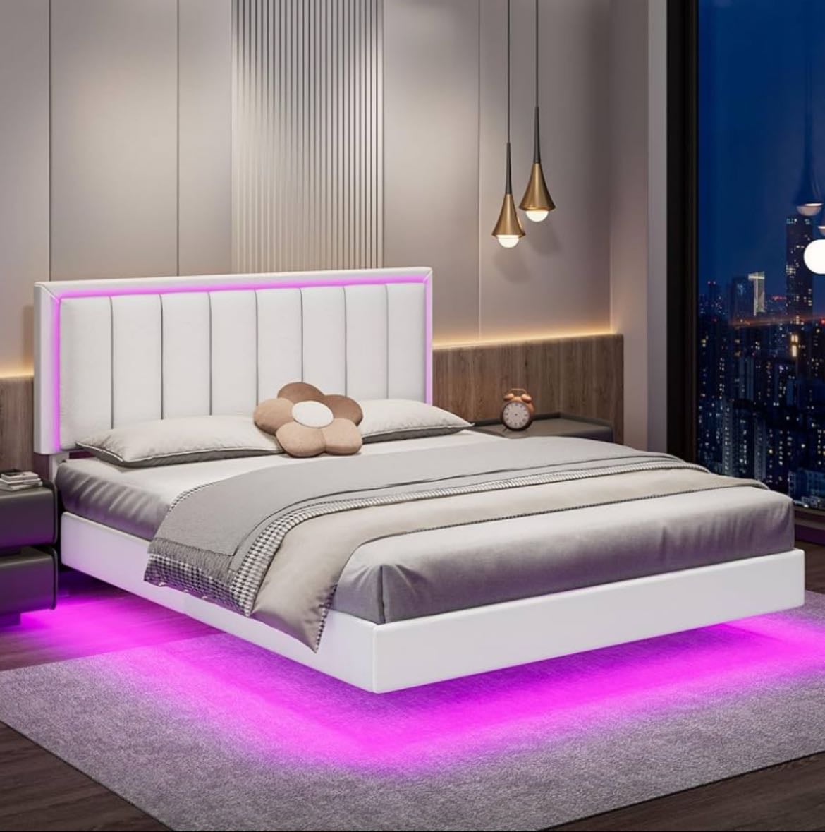 Floating Full Bed Frame with LED Lights,