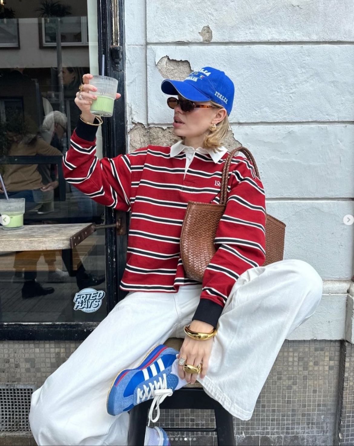 white pants & colorful accessories
