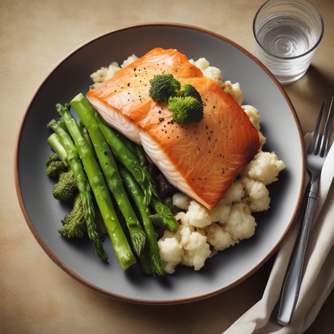 Salmón con coliflor y espárragos trigueros