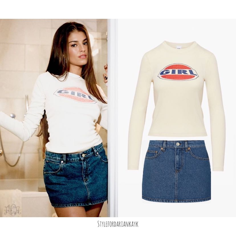 Pamela Anderson Cotton, 99 Low skirt - What did #dariankasanchez wear? Long Sleeve - @shopredone, Pamela Anderson Cotton Long Sleeve Baby Tee ($250) Skirt - @abrandjeans, 99 Low Skirt - Bella ($88)