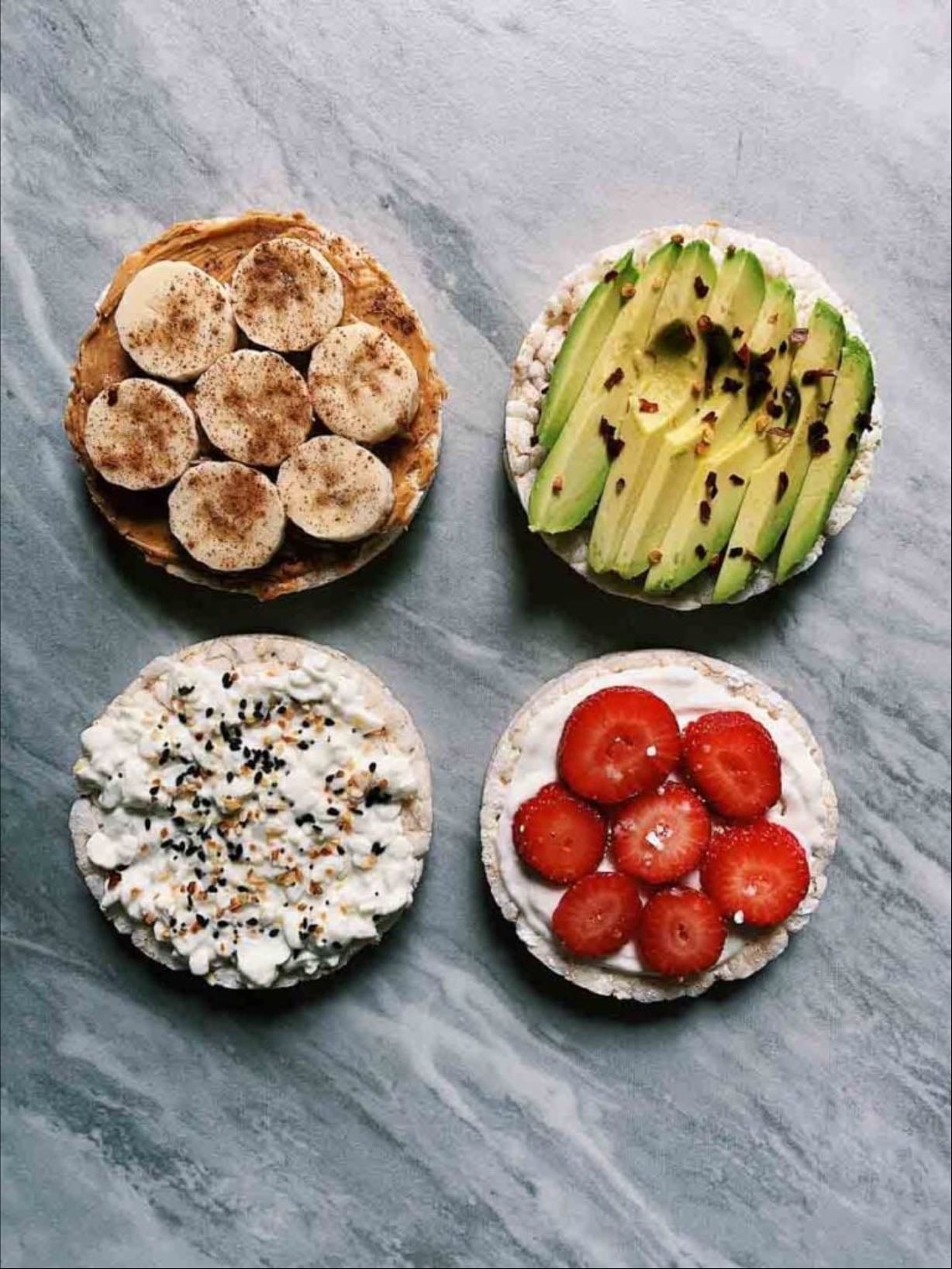 rice cakes - fruits
greek yogurts
peanut butter
avocado
jam