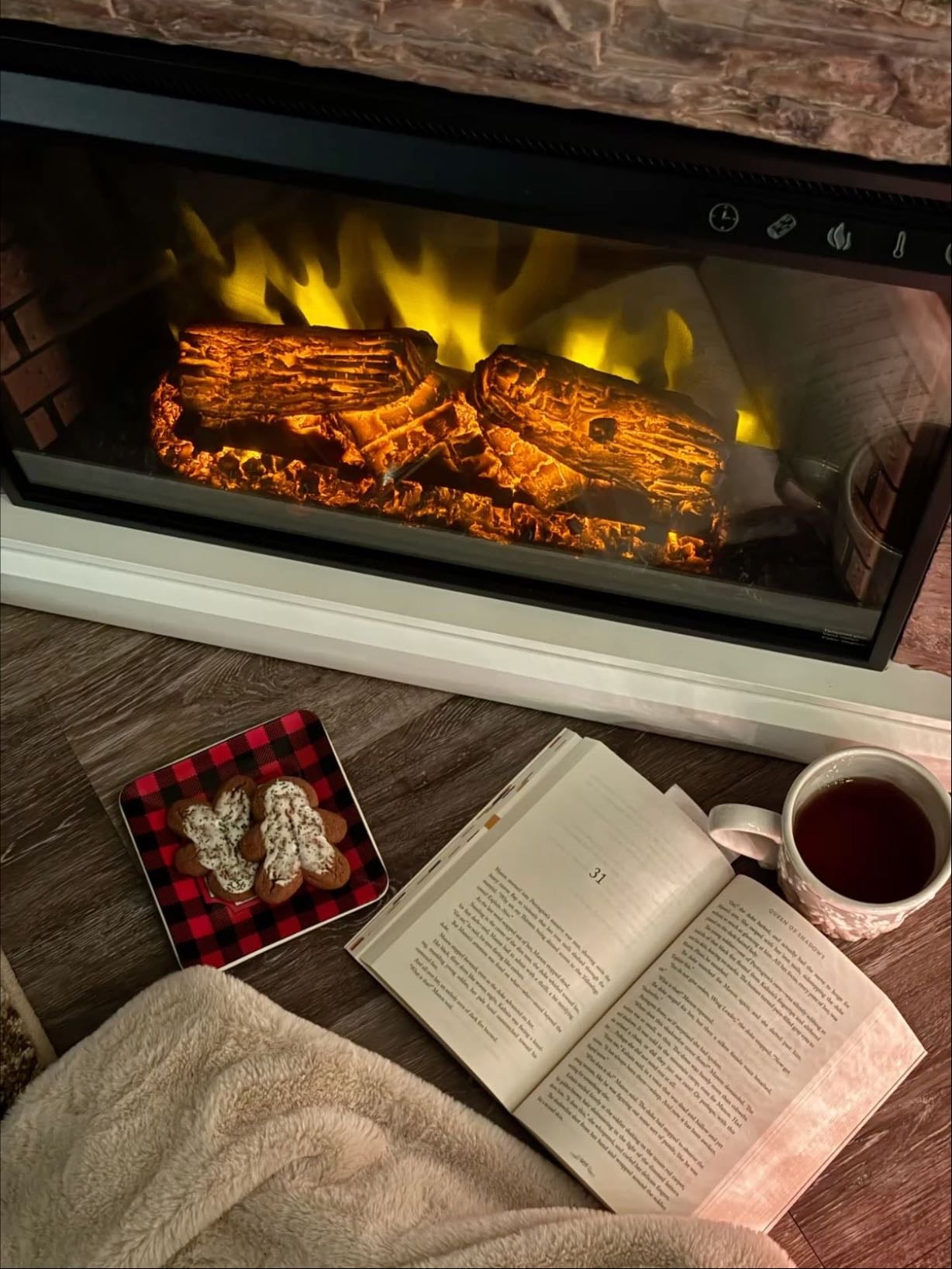read a book by a fireplace