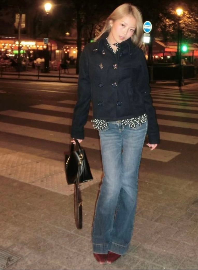 Black peacoat, red shoes