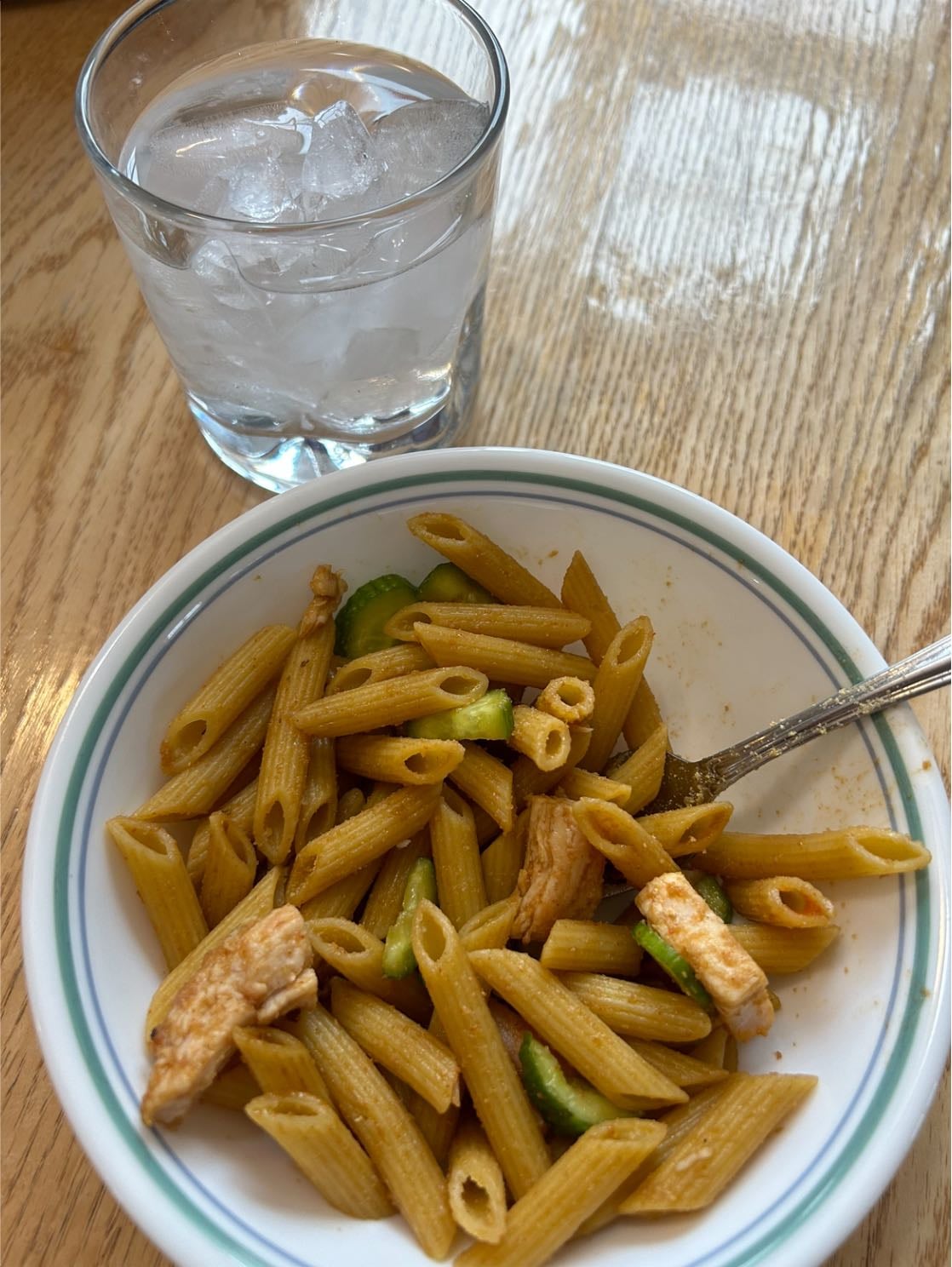 Cucumber pasta - Penne pasta, grilled chicken, cucumber, soy sauce, hot sauce, garlic & other spices