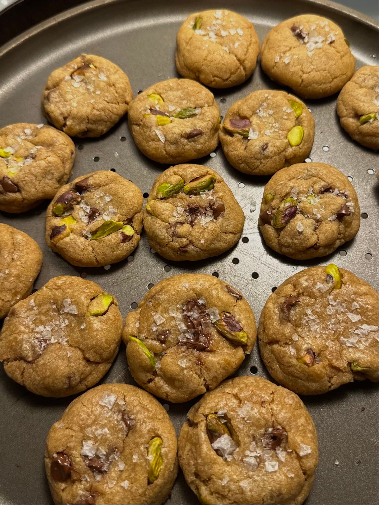 Browned butter, chocolate chip, and pistachio cookies