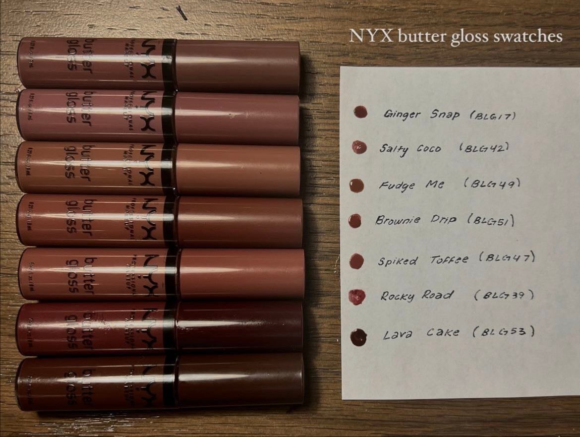 nyx buttergloss - its a drug store gloss, but i Liveee for some of the colours and the pretty finish. my faves r praline and rocky road :3