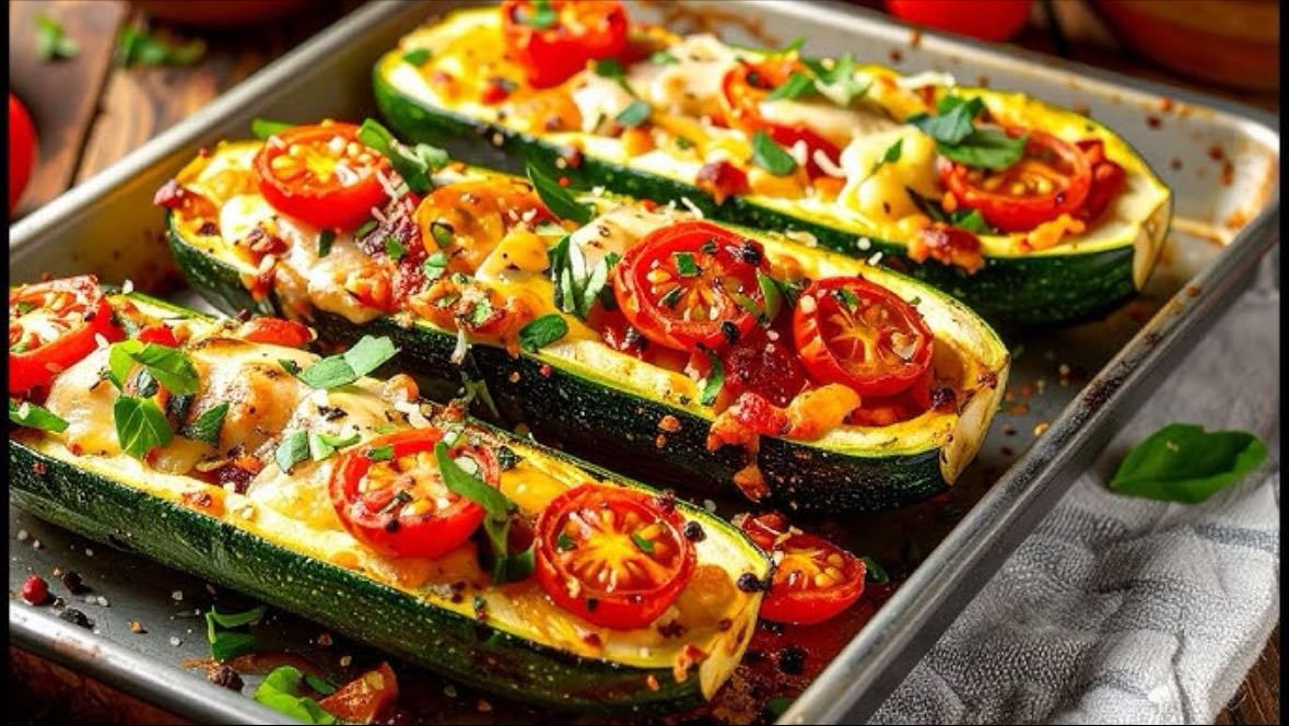 Courgette farcie lardons, mozzarella, sauce tomate